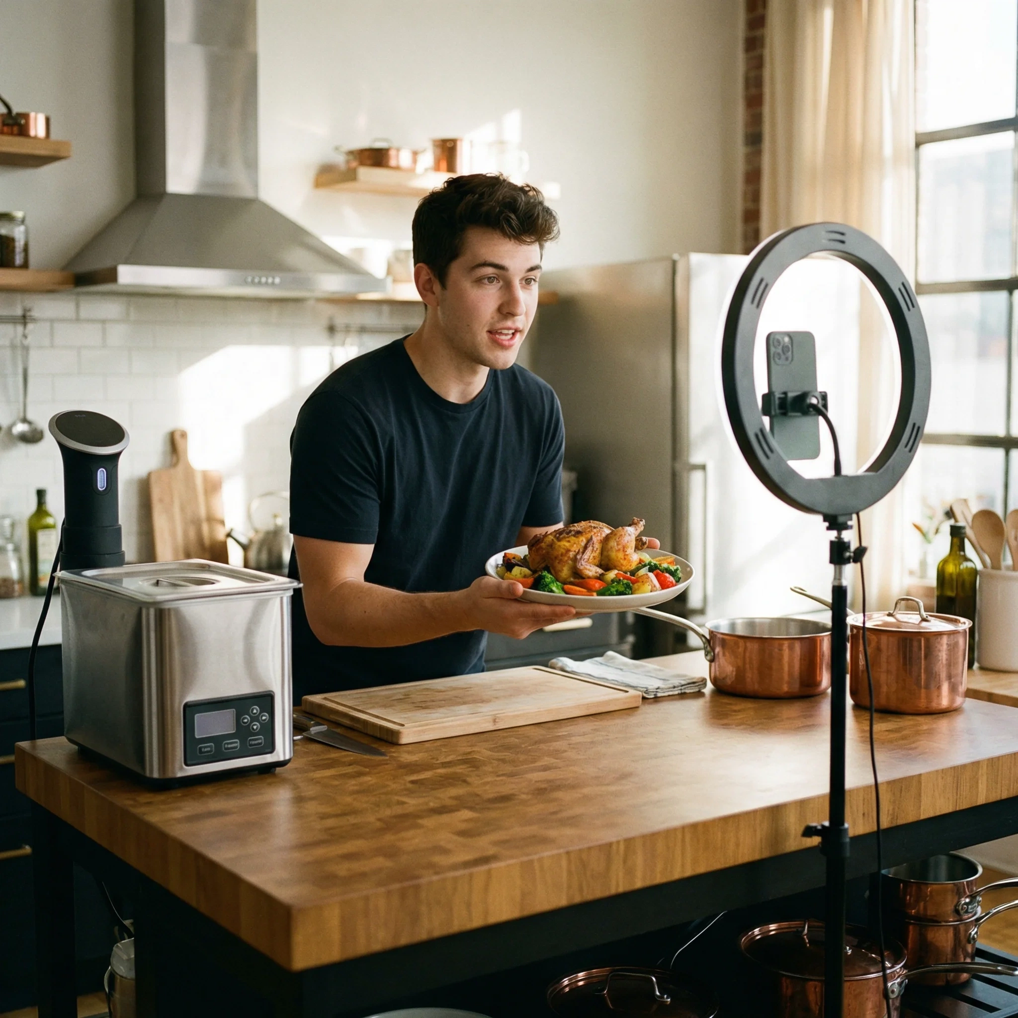 后入视频签约美食达人大厨阿杰在厨房拍摄美食视频