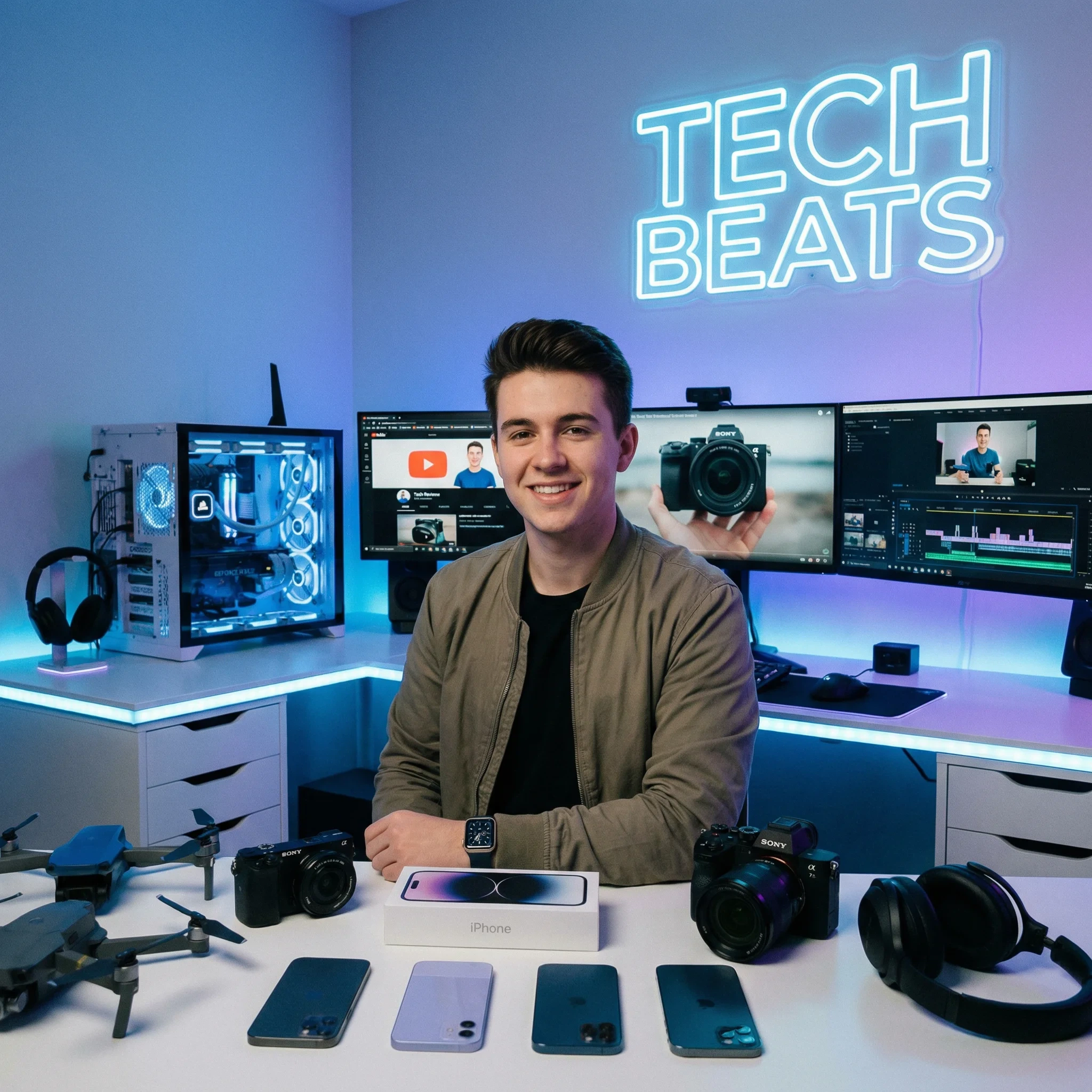 后入视频签约科技达人极客小王在工作室进行数码产品评测